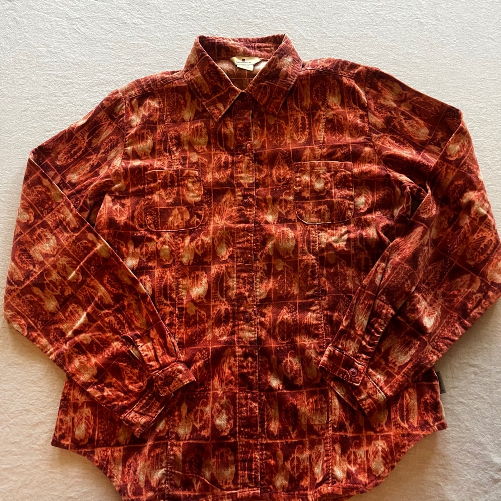 Woolrich Womens Button Down Shirt Black Cherry Leaf Print Size M